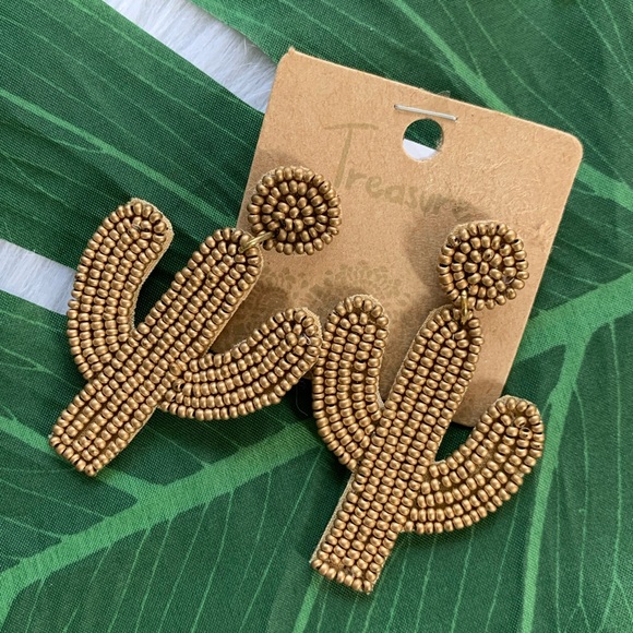 Beaded Cactus Drop Dangle Earrings - Picture 3 of 5